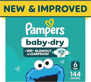 Pampers Baby Dry Ultra Cushiony Diapers, Size 6 (23-44 lbs), 144 Count, Up to 100% Leakproof (Packaging May Vary)
