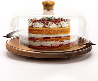 NWK Rotating Acacia Wooden Cake Stand with Acrylic Dome Lid (Turnable)