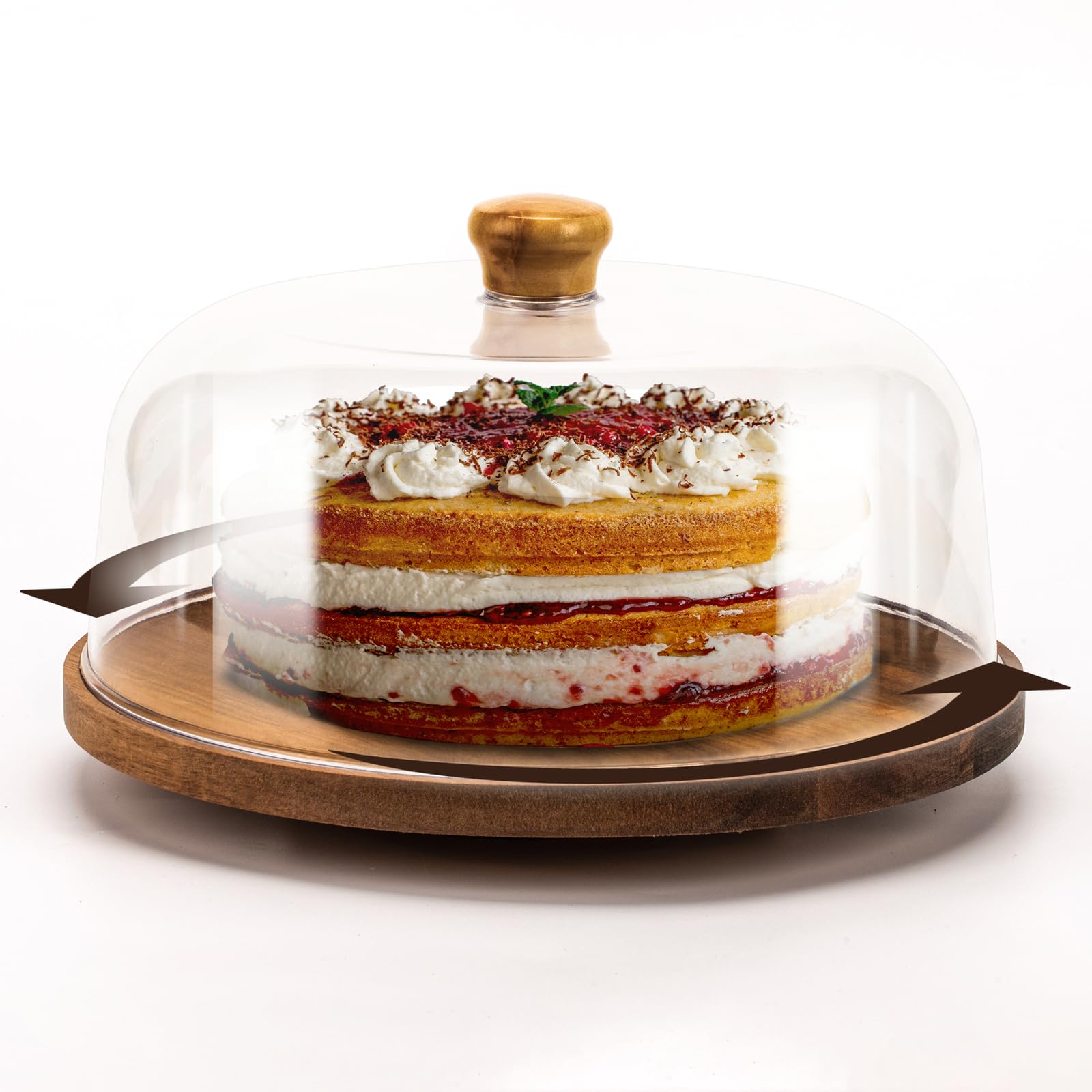 NWK Rotating Acacia Wooden Cake Stand with Acrylic Dome Lid (Turnable)