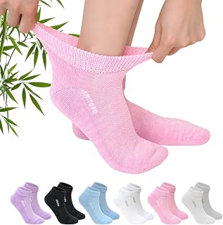 LOFIR Diabetic Ankle Socks for Women: Ladies Bamboo Socks with Extra Wide Non-Elastic Soft Top Cushioned Sole Seamless Toe Easy Grip for Swollen Feet Elderly Summer Wear Pastel 6 Pairs 6-8