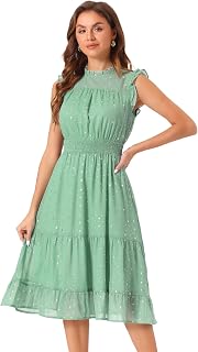 Allegra K Chiffon Midi Dress Women Sleeveless Smocked Waist Metallic Stars