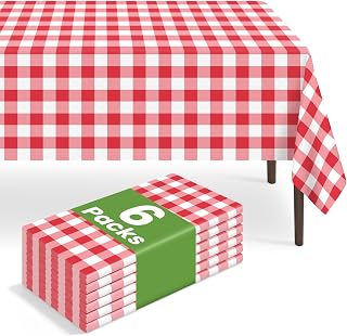 6 Pack Disposable Red Gingham Plastic Tablecloth, 54 x 108 Inch