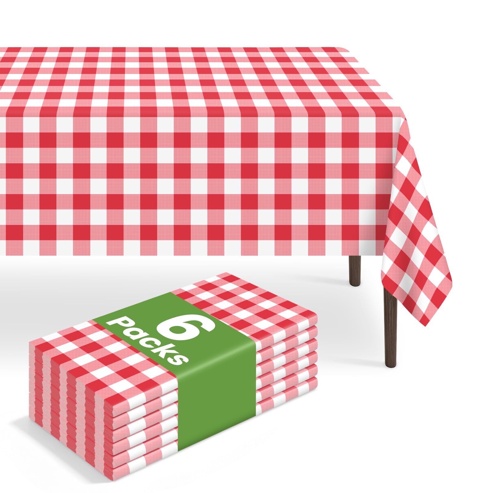 6 Pack Disposable Red Gingham Plastic Tablecloth, 54 x 108 Inch