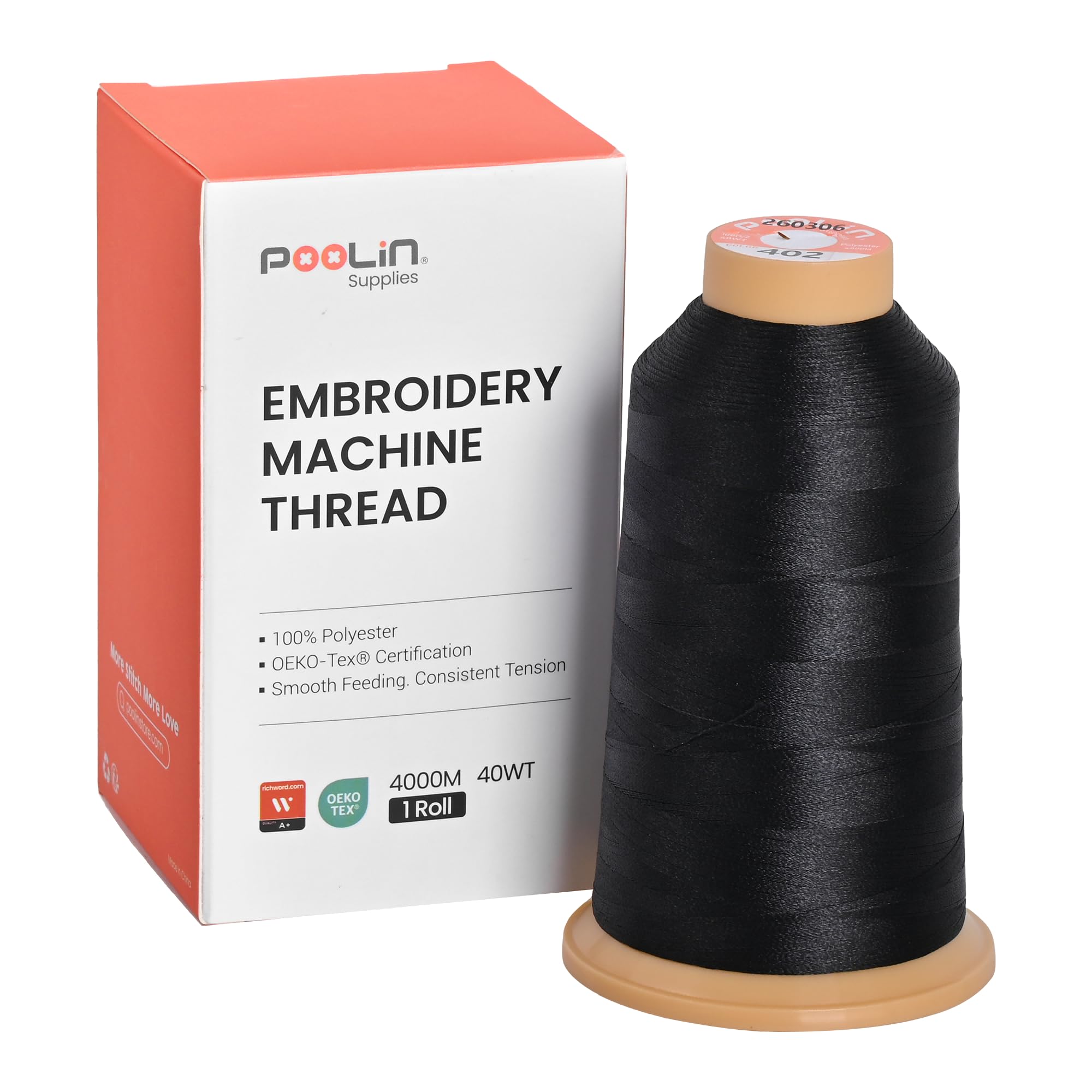 Poolin Polyester Machine Embroidery Thread 4000M 40WT Black 0402 | Smooth Feedin