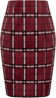 Kate Kasin Women's Elastic Waist Stretch Knee Length Plaid Bodycon Pencil Skirt