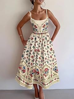 Women's Boho Floral Print Spaghetti Strap Pocket Midi Dress Casual Summer Dress