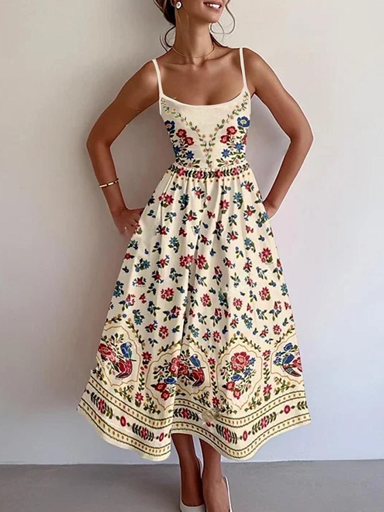 Women's Boho Floral Print Spaghetti Strap Pocket Midi Dress Casual Summer Dress