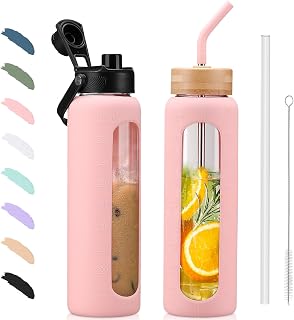 BLUEGO 900ml Glass Water Bottle with Straw and 2 Lids Glass Coffee Cup with Time Marker and Silicone Protector Glass Tumbler for Beverages Soda Cola BPA Free, Pink
