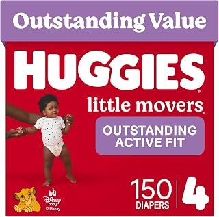 Huggies Little Movers Diapers Size 4, 150 Count (6 Packs of 25) | Double Grip Strips, Blowout Protection, Secure Flexible Fit, Up to 12-Hour Protection, Dry Touch Liner, Wetness Indicator