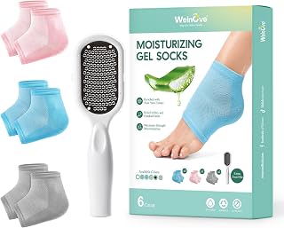 Welnove Moisturizing Heel Socks - 3 Pairs Aloe Vera Extract Infused Gel Lining for Dry Feet - Cotton Socks for Women Men Foot Care (Includes Foot File, Extra Large)