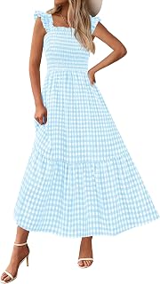 PRETTYGARDEN Abito estivo da donna casual con scollo quadrato con volant e cinturino a quadretti con punto smock Midi Flowy A Line Beach Vacanze Abiti da sole