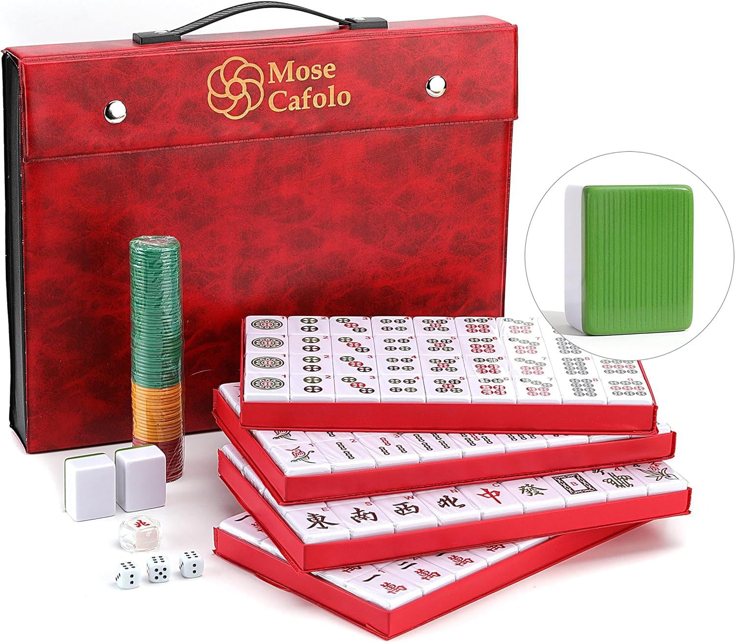 Professional Chinese Mahjong 144 Large Numbered Melamine Green Tiles with Carryi