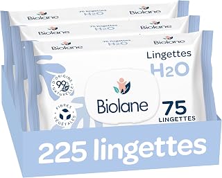 BIOLANE - Baby Wipes with Water - 225 Wipes - Pack of 3 x 75 - Gentle and Effective Cleaning - From Birth - French Quality | Nettoyage doux et efficace, Sans Rinçage, Capot refermable, 99% d'Origine Naturelle, Dès la naissance