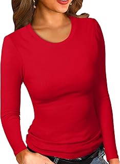 PALINDA Womne's Ribbed Round Neck Slim Fitted T Shirts Basic Solid Long Sleeve Layering Tee Tops