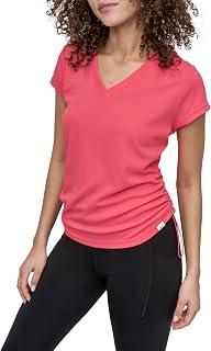 DKNY Women's Short Sleeve V-Neck Tech Shirring Side Seam Active T-Shirt