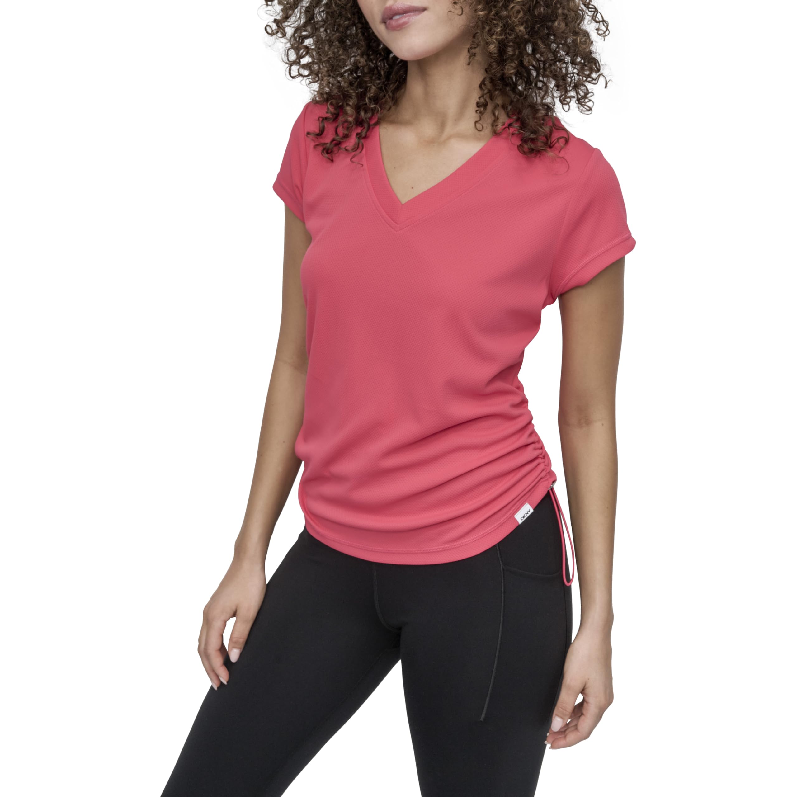 DKNY Women's Short Sleeve V-Neck Tech Shirring Side Seam Active T-Shirt