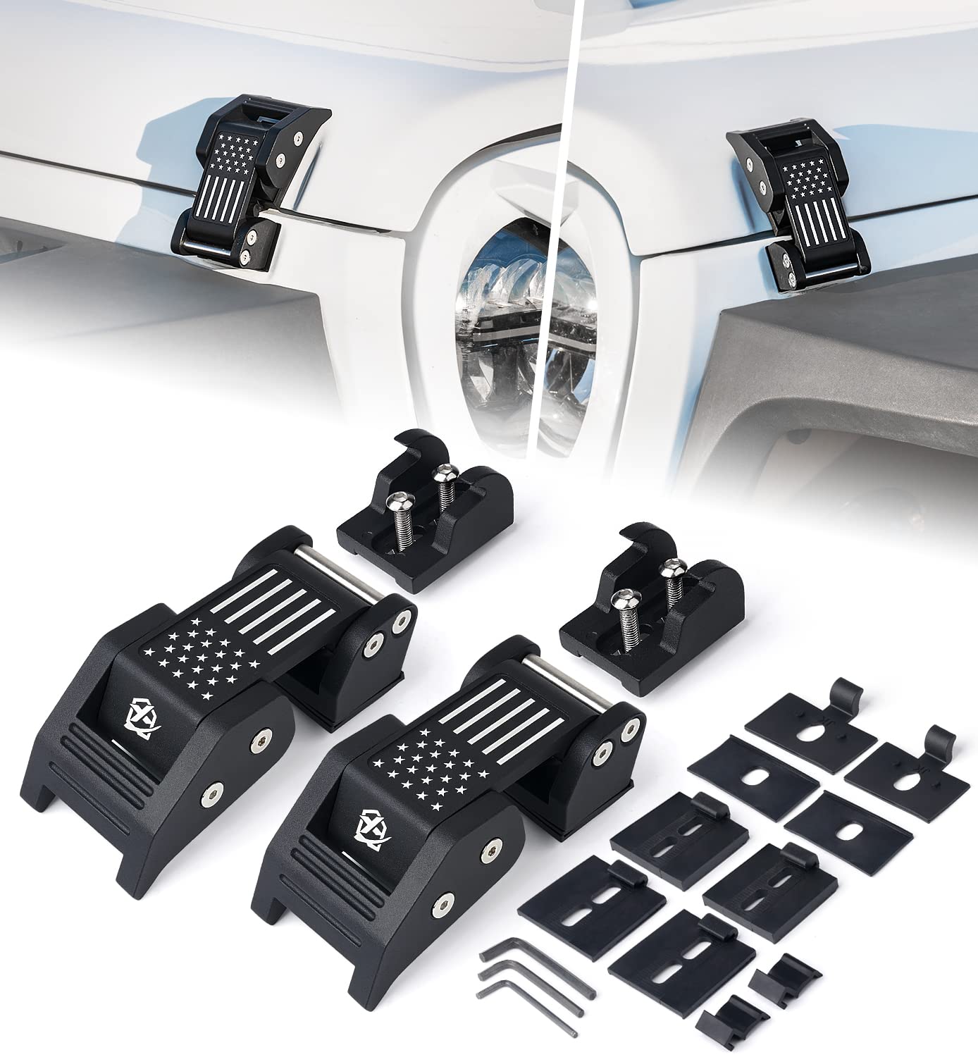 U.S. Flag Aluminum Hood Latches Compatible with 2007-2026 Jeep JK JL JT | Adjust