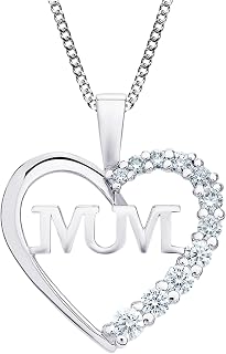 Aeon Silver Mum Necklace - 925 Sterling Silver & Cubic Zirconia Heart Pendant | Polishing Cloth Included | Jewellery Gifts for Mothers