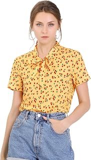 Women's Bow Tie Neck Short Sleeve Printed Chiffon Blouse