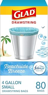 Glad Small Trash Bags, Great for Office, Bathrooms and Bedroom Bins, Beachside Breeze Scented Garbage Bags, Odor Resistant with Drawstring, Febreze Freshness, 4 Gallon Trash Bags, 80 Count