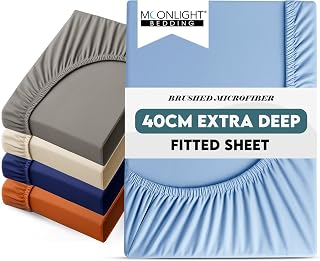 Moonlight Bedding Fitted Sheet 40 Cm Extra Deep Pocket Bed Sheets 16 inch Ultra Soft Bottom Sheet Brushed Microfiber Breathable Shrinkage and Fade Resistant (Light Blue, Double)