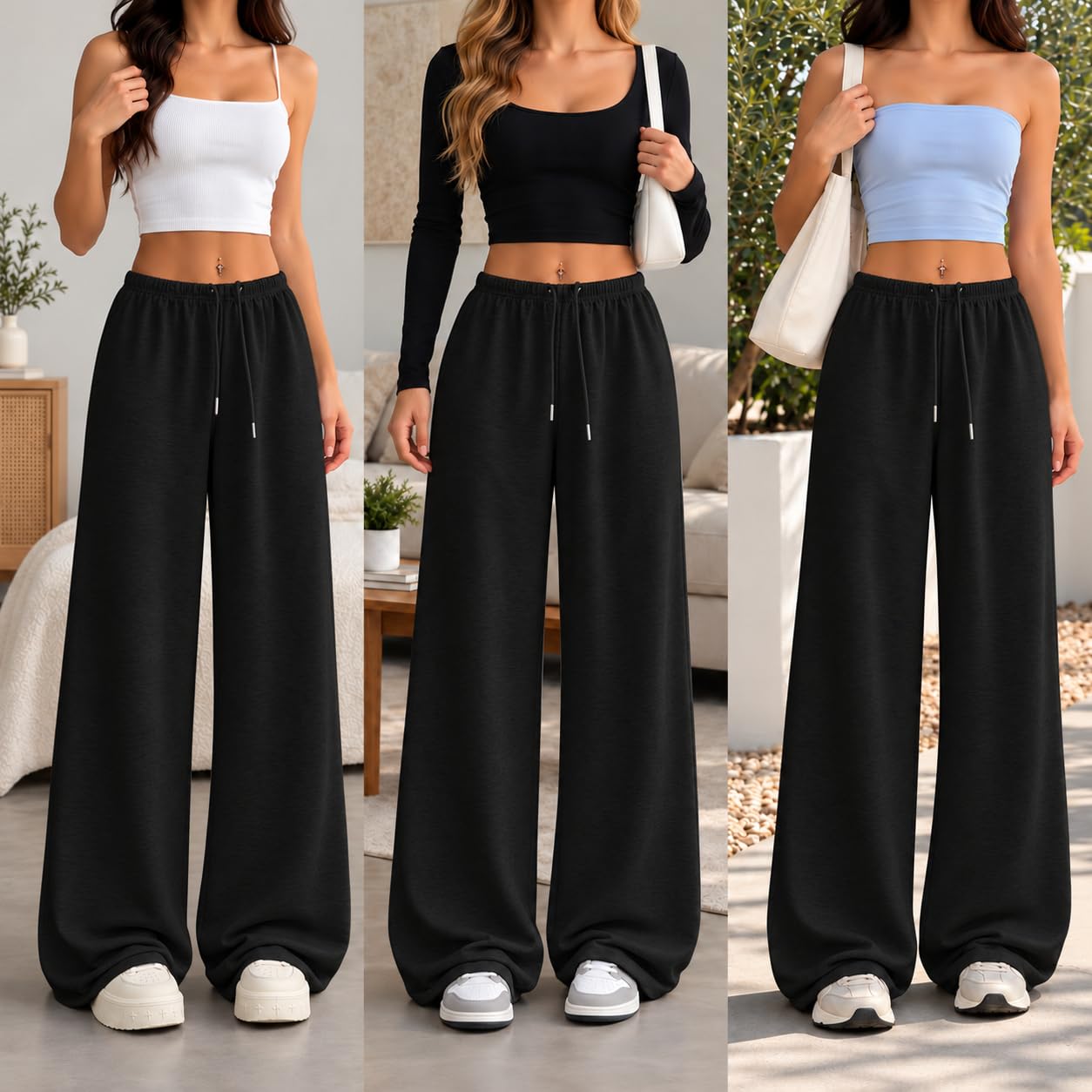 Womens Wide Leg Drawstring Elastic Waist Sweatpants Casual Athletic Wide Leg Loo