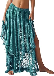 Yimoon Women Floral Lace Long Skirt Elastic Asymmetric Layered See Through Maxi Skirt Sexy Sheer Flowy Beach Skirt
