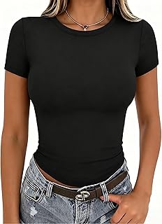 Zeagoo Women's T-Shirt Short Sleeve Crew Neck Slim Fit Stretch Bodycon Basic, Black, S