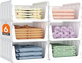 Lifewit 6 Pack Stacking Closet Organizers Shelf for Clothes 14" Depth | Plastic Stackable Sweater Storage basket Bins for Wardrobe, Multifunctional Pants Organizer for RV, Pantry, Kitchen, Dorm