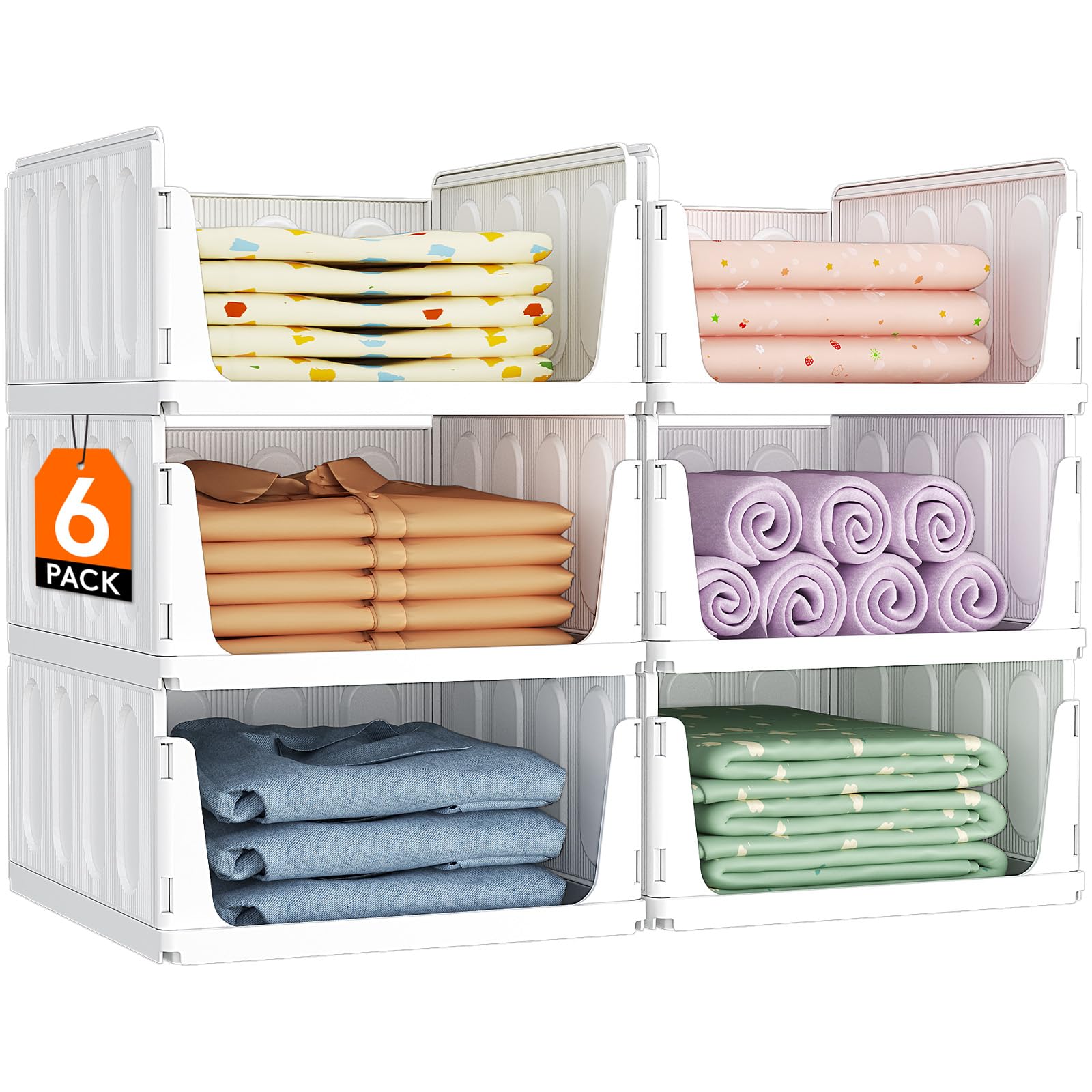 Lifewit 6 Pack Stacking Closet Organizers Shelf for Clothes 14" Depth | Plastic 