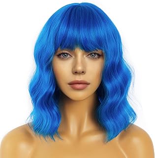 LANCAINI Short Bob Wavy Wig with Bangs for Women Loose Curly Shoulder Length Synthetic Cosplay Wig Bob for Girl Colorful Costume Wigs (Blue)