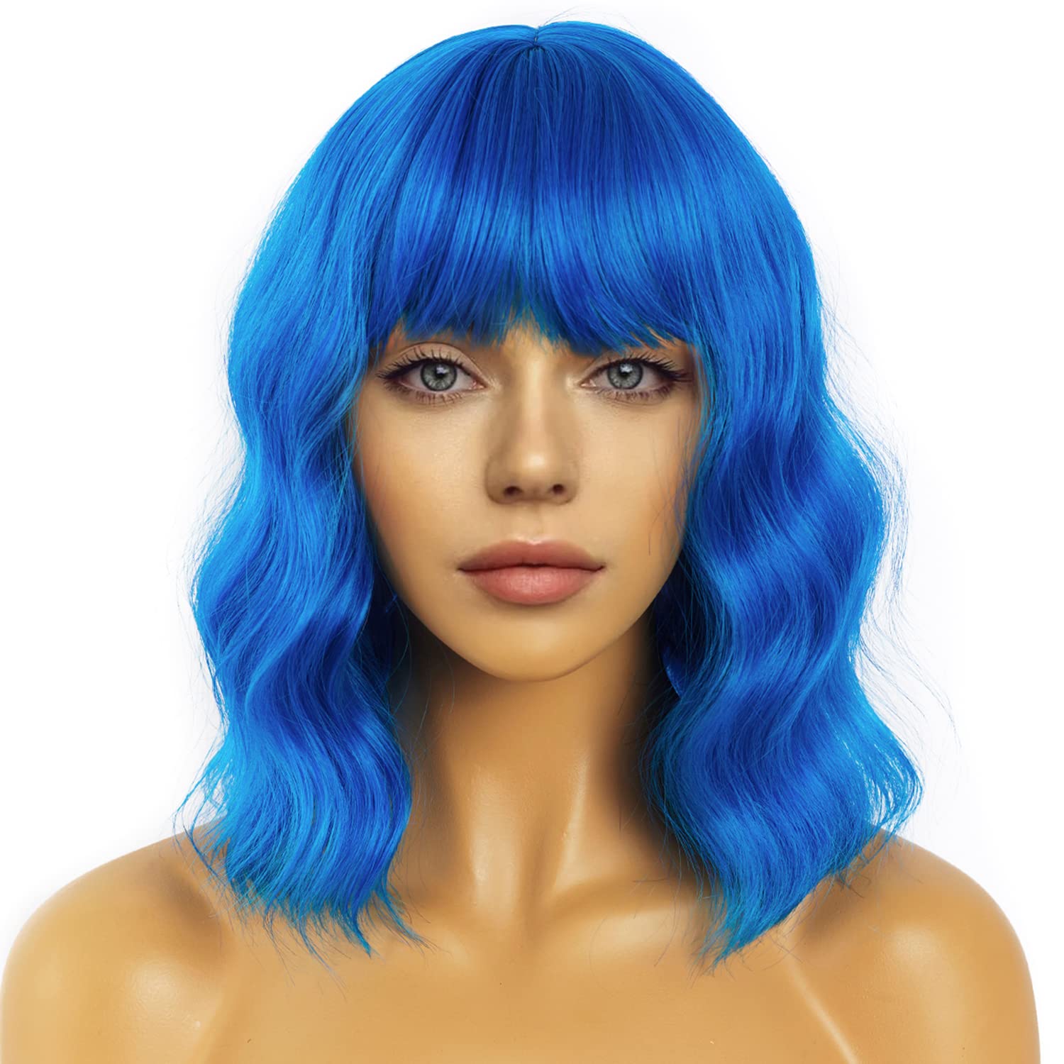 LANCAINI Short Bob Wavy Wig with Bangs for Women Loose Curly Shoulder Length Syn