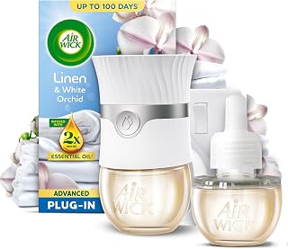 Air Wick Linen & White Orchid Air Freshener Plug-In Kit, 19ml | Air Freshener Plug-In Kit infused with essential oils; Smart Pulse Technology; up to 120 days of fragrance