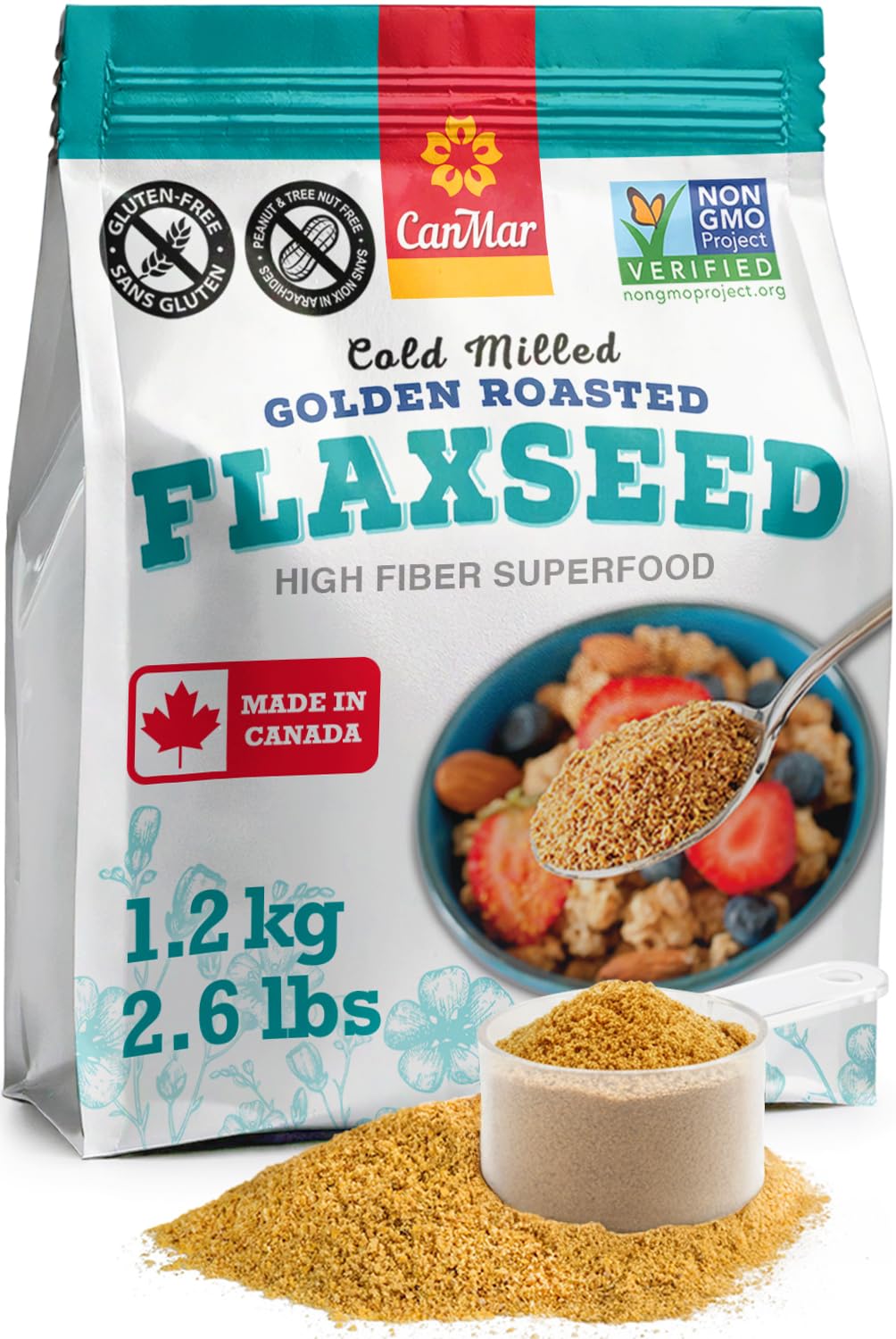 Canadian Made Cold Milled Golden Flaxseed 1.2 kg, Roasted, Omega-3 & Fibre | Non