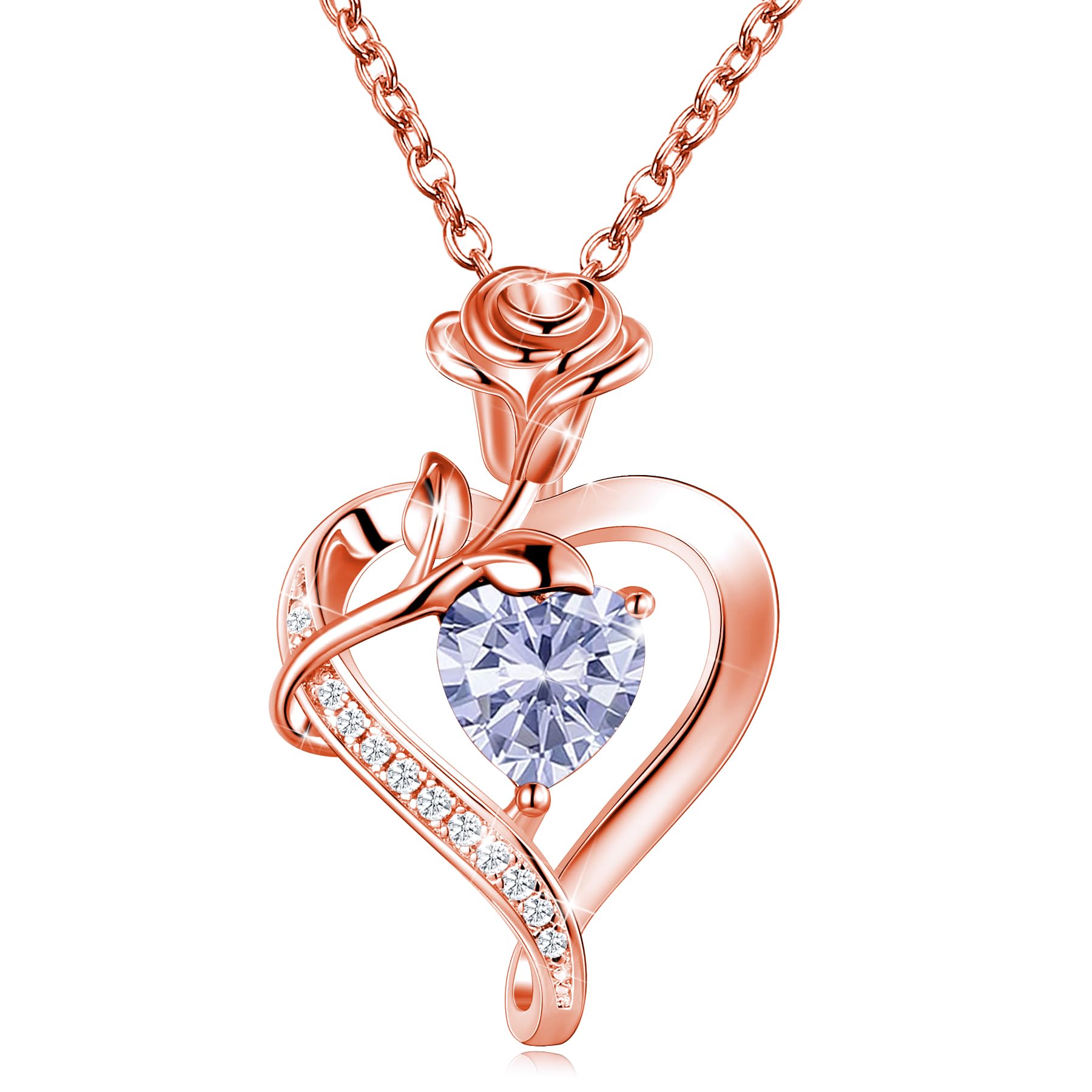 Rose Flower Heart Necklace Birthstone Necklaces 925 Sterling Silver Jewelry