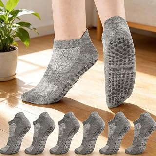 3 Pairs Pilates Sports Socks,Non-Slip Grip Athletic Socks,Breathable Cotton Workout Socks,Comfortable & Durable(Grey)