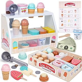 Melofaver Wooden Ice Cream Play Set, Ice Cream Toys Gifts for Kids Ages 3-5 | Wooden Ice Cream Counter Playset with Menu, Fake Money, Scoop, Pretend Play Kitchen Toy for 3 4 5 6 Year Old Girls Boys Gifts