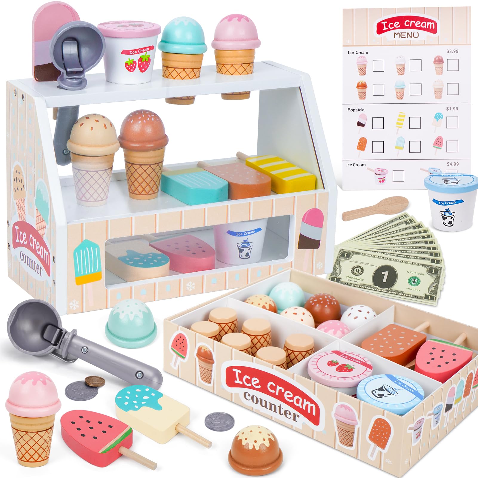 Melofaver Wooden Ice Cream Play Set, Ice Cream Toys Gifts for Kids Ages 3-5 | Wo