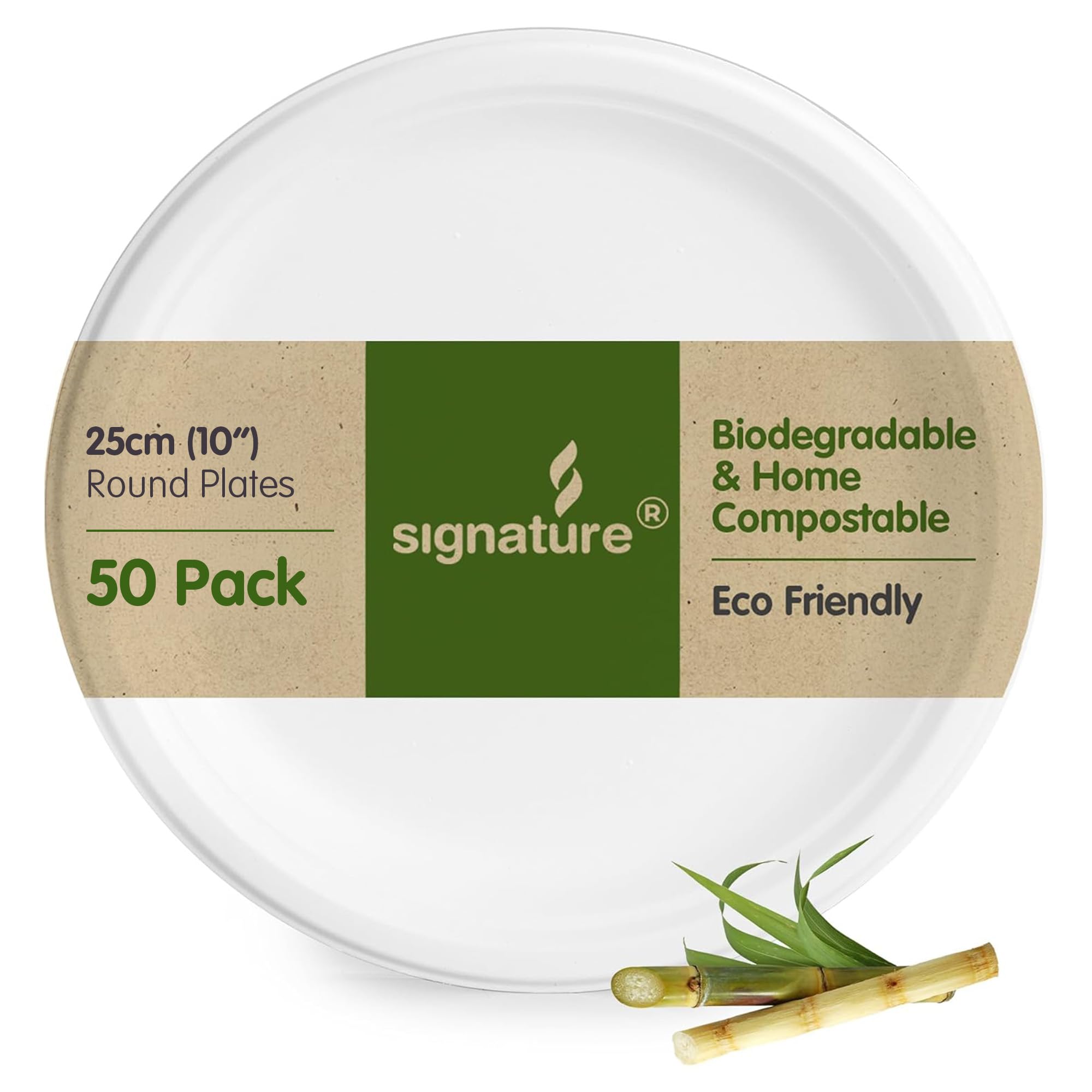 Signature Extra Strong Bagasse Plates 10in 50 Pack Corporate & Home Use