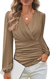 GRACE KARIN 2024 Women's Tops Elegant Wrap V-Neck Blouse Autumn Work Blouse Long Sleeve Casual Ruched