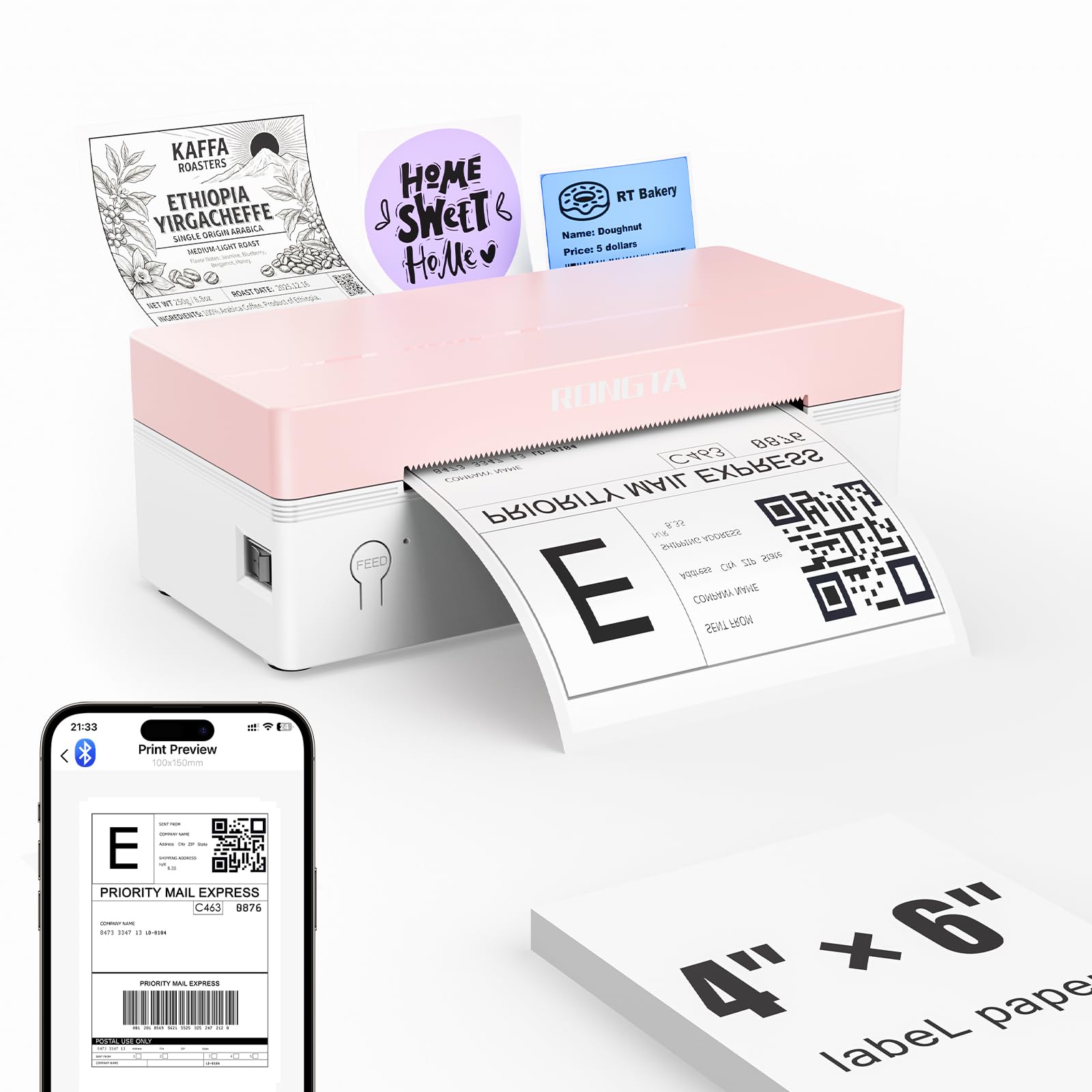 Rongta 4x6 Bluetooth Thermal Label Printer, Wireless Shipping Label Printers for