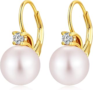 jiamiaoi Women Pearl Earrings Silver Pearl Earring Drop Earring for Women 925 Sterling Silver Leverback Earrings with Pearls 10MM Dangle