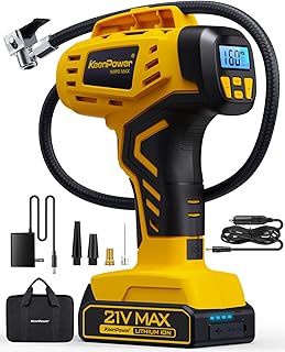 KeenPower Tire Inflator Portable Air Compressor 21V Battery Powered 160PSI | 5X Faster Inflation, Dual Power Supply, Auto Shut-Off, Digital Pressure Gauge, Air Pump for Car Motorcycle E-Bike Balls Gift