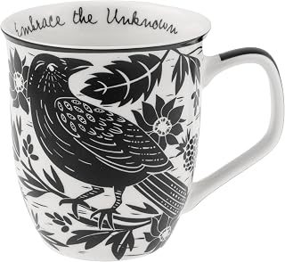 Karma Gifts, 14 oz Black and White Boho Mug, Cute Coffee and Tea Mug, Ceramic Coffee Mugs for Women and Men, Raven
