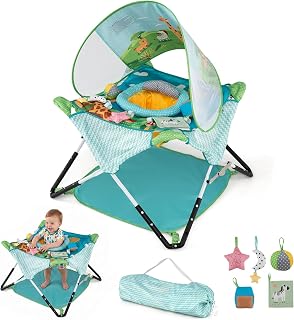 BABY JOY Portable Baby Activity Center with Carrying Bag (Blue) | Foldable Indoor Outdoor Baby Jumper with Sensory Activities, 3 Adjustable Heights & Removable Canopy, Ages 6-12 Months