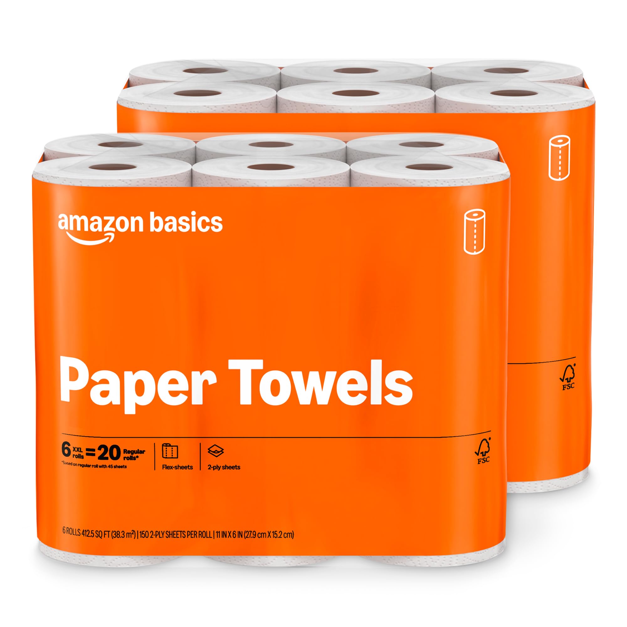 Amazon Basics 2-Ply Flex-Sheets Paper Towels, 12 Basics Rolls = 40 Regular Rolls