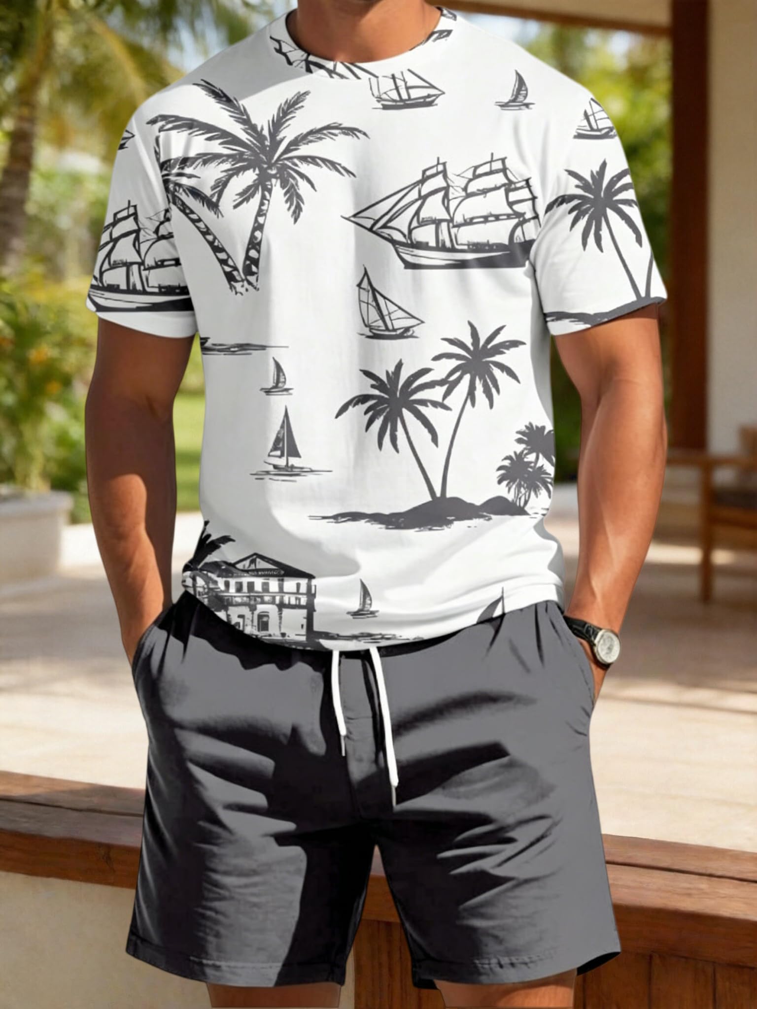 Men's 2 Piece Outfits Tropical Graphic Short Sleeve T-Shirt and Drawstring Waist