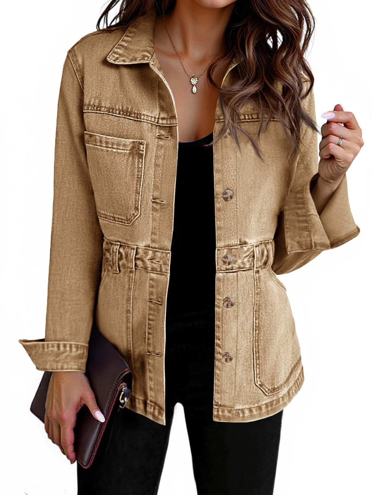 Tankaneo Women Denim Jacket,Oversized Button Down Distressed Denim Jacket with P