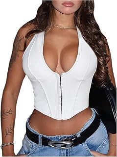 Floerns Women's Y2K PU Leather Halter Neck Crop Tank Top