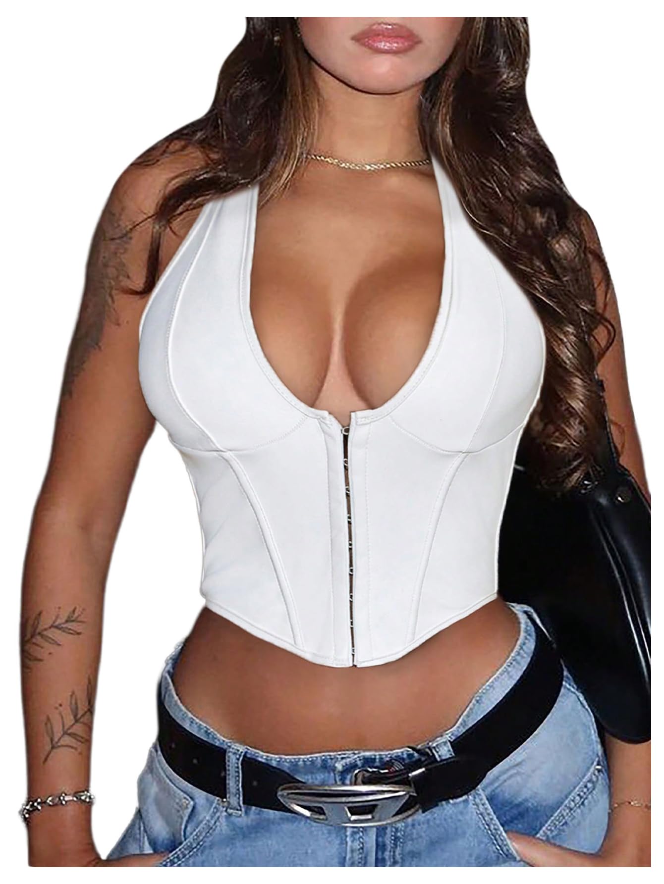 Floerns Women's Y2K PU Leather Halter Neck Crop Tank Top